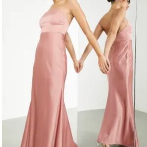 ASOS DESIGN Bridesmaid satin square neck maxi dress with tie back in dusty rose